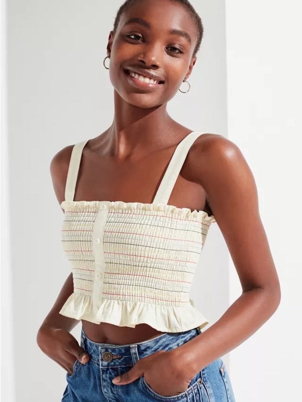Urban Outfitters Smocked Button-Down Peplum Top
